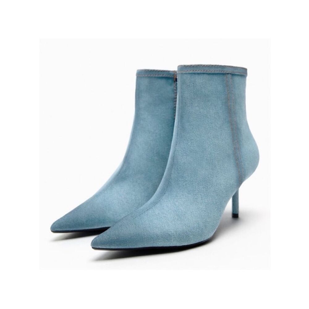 ZARA 36/6 Denim Blue Pointy Toe Heeled Ankle Booties